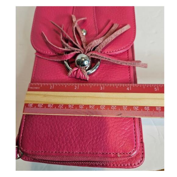 Genuine Pebble Leather Crossbody DK Pink 9"x5" Wallet  Phone Case 48" Strap New - Picture 7 of 10